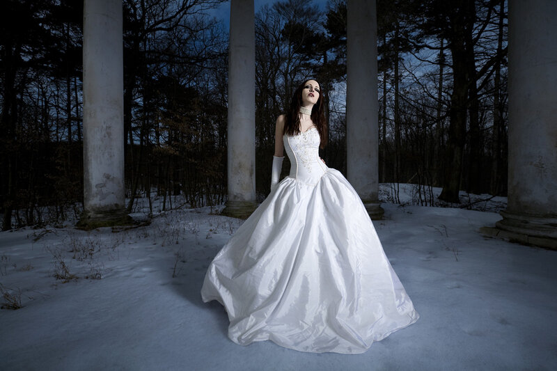 Woman in Wedding Dress — White, Dramatic, Winter, Photograph