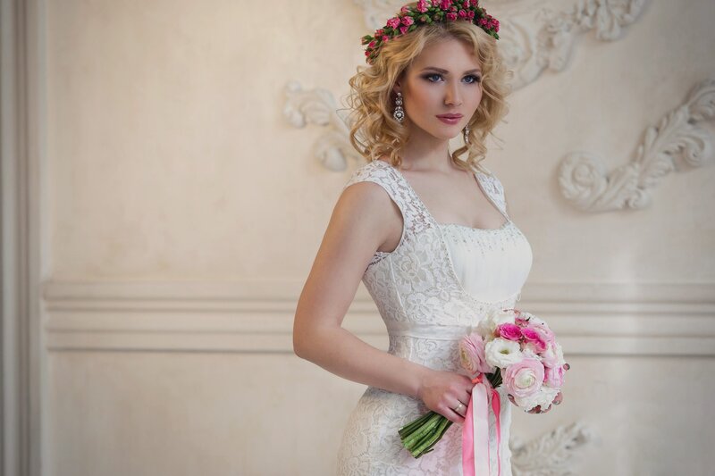 Woman in Wedding Dress — White, Elegant, Photograph, Flower Crown, Bouquet, Earrings