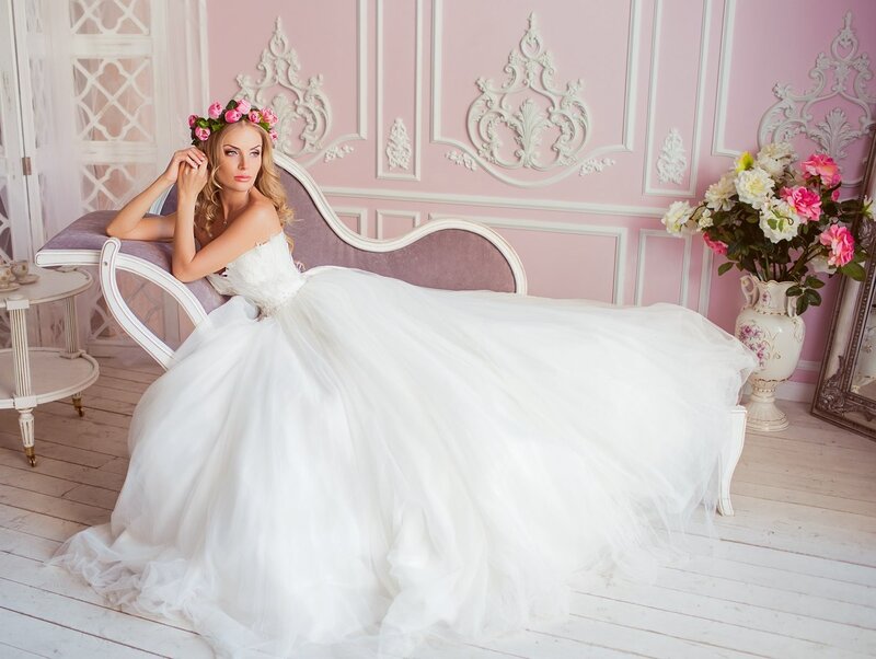 Woman in Wedding Dress — White, Elegant, Photograph, Flower Crown, Vase of Flowers