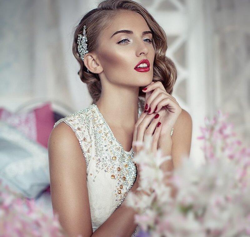 Woman in Wedding Dress — White, Elegant, Photograph, Hair Accessory, Flowers