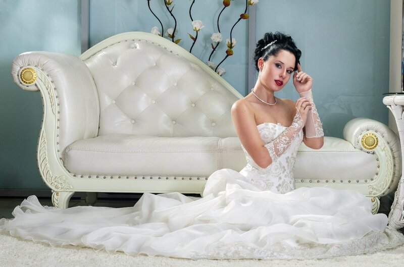 Woman in Wedding Dress — White, Elegant, Photograph, Sofa