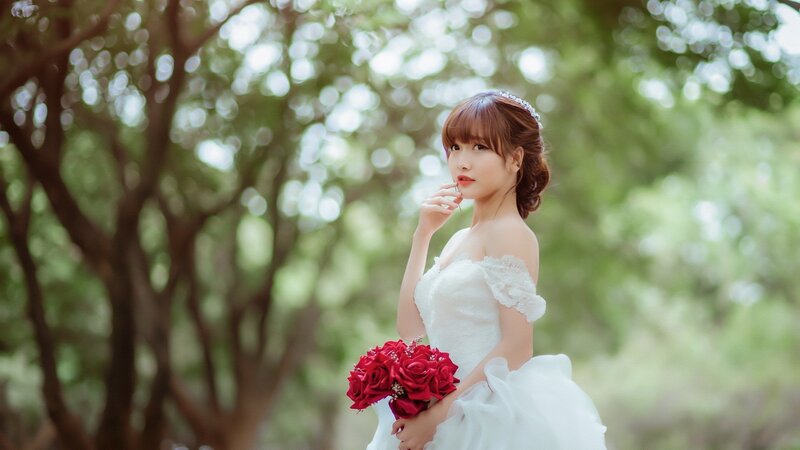 Woman in Wedding Dress — White, Serene, Afternoon, Photograph, Bouquet, Trees