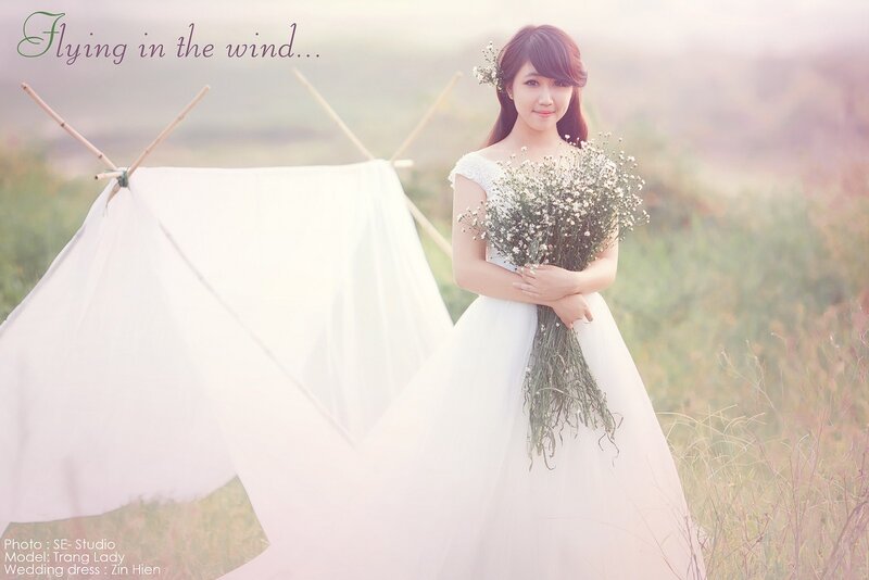Woman in Wedding Dress — White, Serene, Afternoon, Photograph, Flower Bouquet, Field