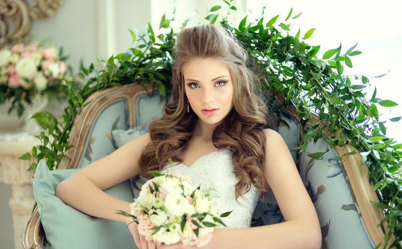 Woman in Wedding Dress — White, Serene, Afternoon, Photograph, Flowers, Greenery, Chair