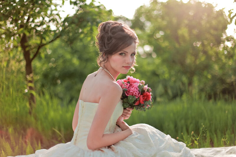 Woman in Wedding Dress — White, Serene, Afternoon, Photograph, Flowers, Pearl Necklace, Trees