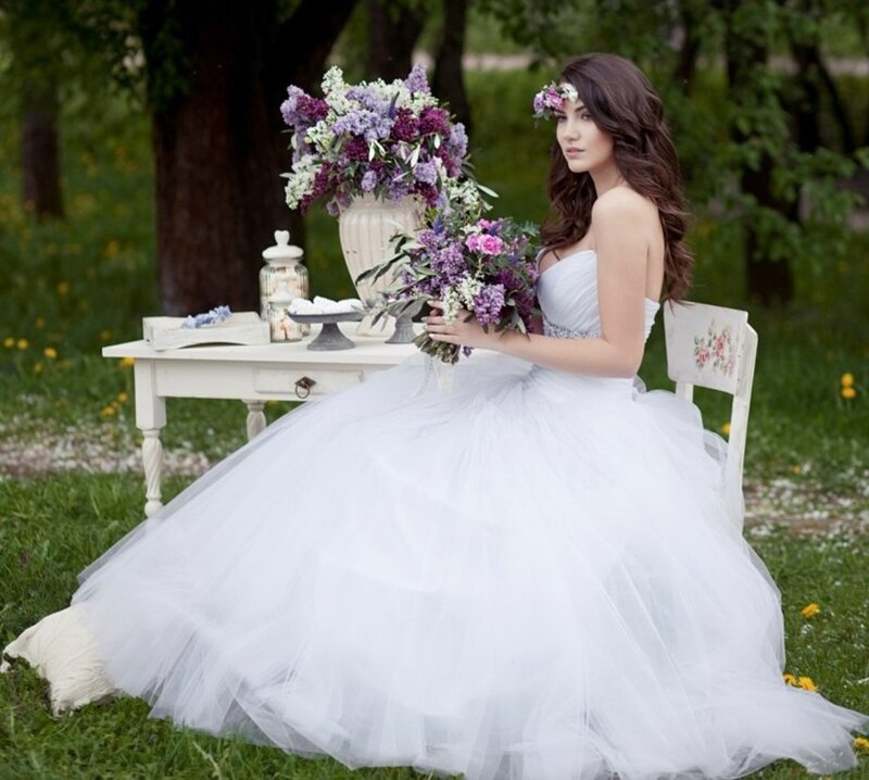 Woman in Wedding Dress — White, Serene, Afternoon, Photograph, Flowers, Table, Chair