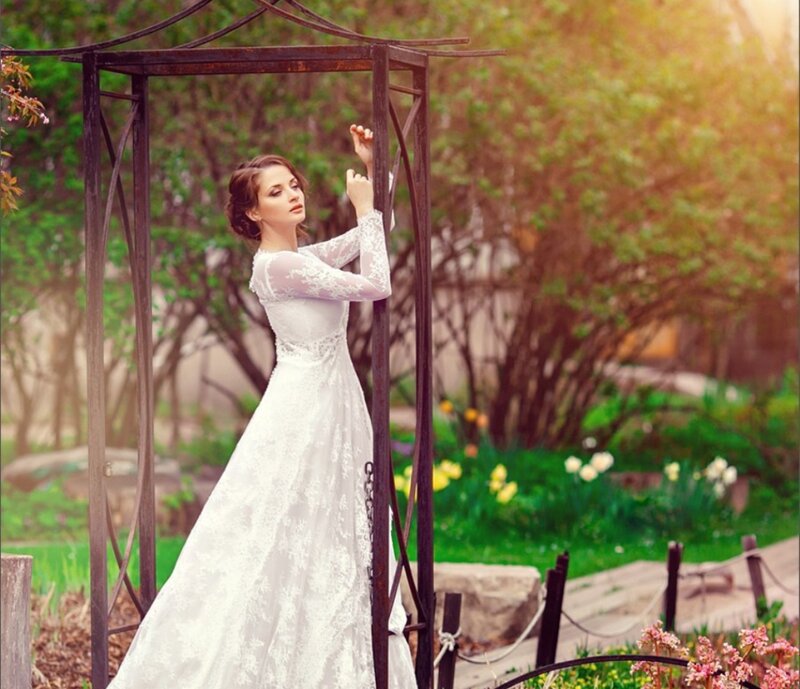 Woman in Wedding Dress — White, Serene, Afternoon, Photograph, Garden Arbor