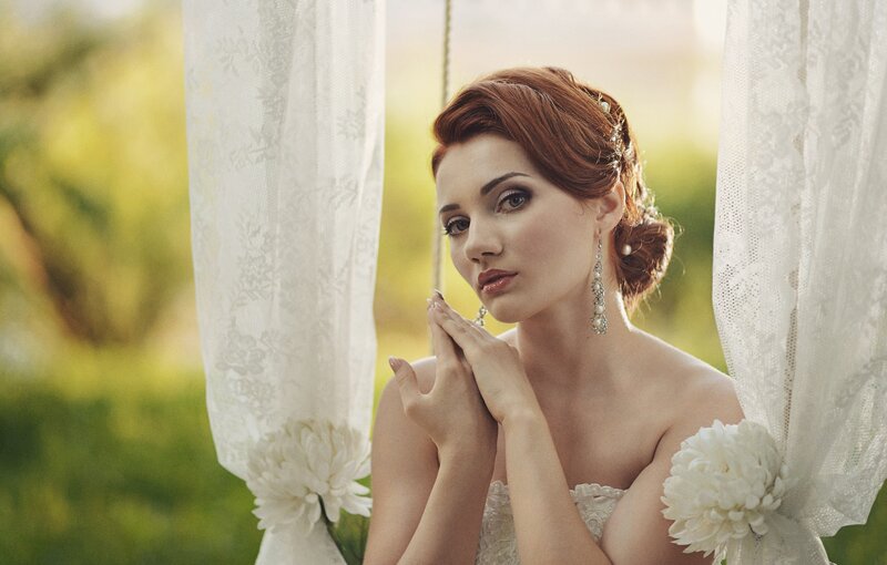 Woman in Wedding Dress — White, Serene, Afternoon, Photograph, Lace Curtains