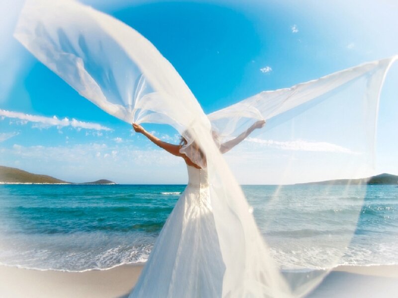 Woman in Wedding Dress — White, Serene, Afternoon, Photograph, Veil, Ocean, Beach