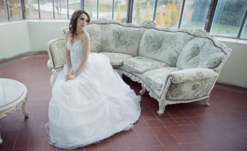 Woman in Wedding Dress — White, Serene, Autumn, Photograph, Sofa