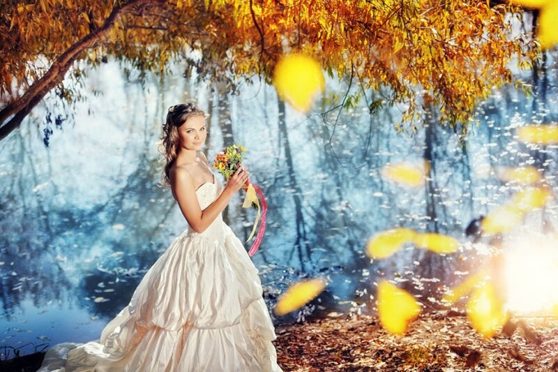Woman in Wedding Dress — White, Serene, Autumn