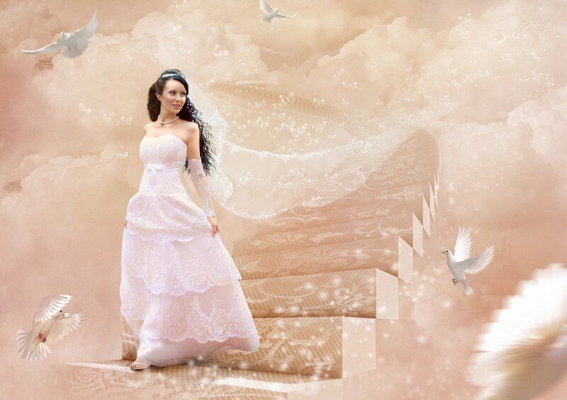 Woman in Wedding Dress — White, Serene, Digital Art, Doves