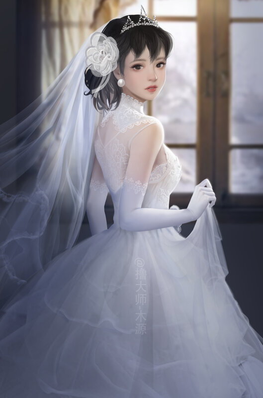 Woman in Wedding Dress — White, Serene, Digital Art, Veil, Tiara
