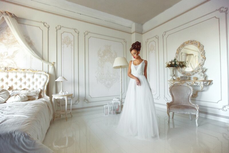 Woman in Wedding Dress — White, Serene, Morning, Photograph, Bed, Mirror