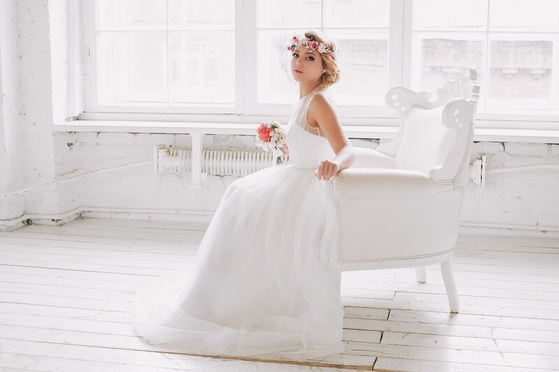 Woman in Wedding Dress — White, Serene, Morning, Photograph, Flower Crown, Bouquet