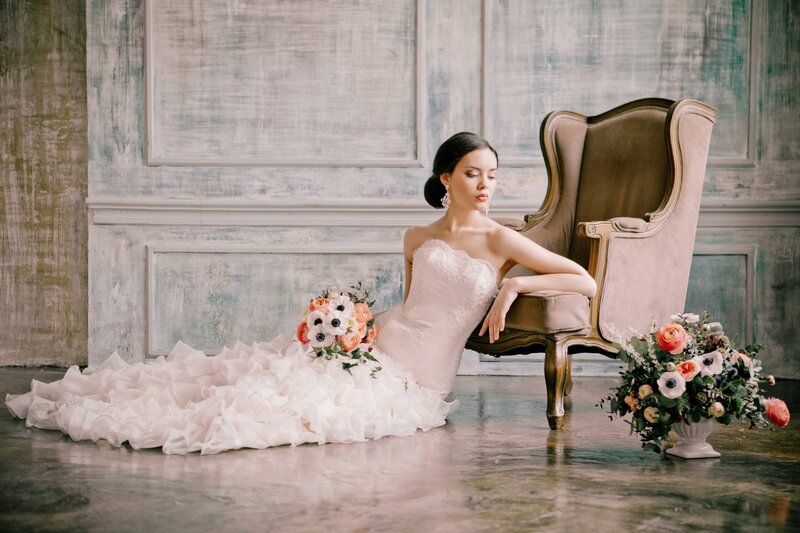 Woman in Wedding Dress — White, Serene, Photograph, Armchair