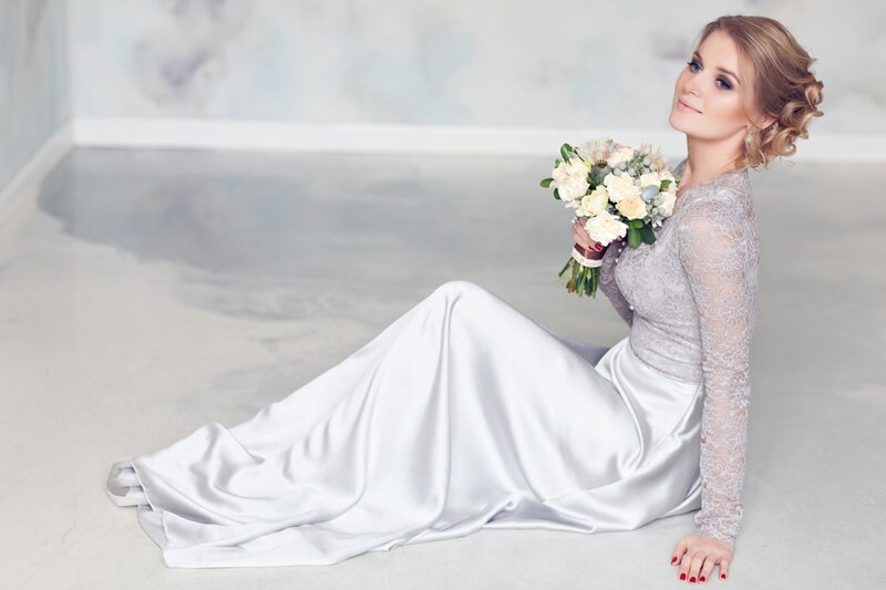 Woman in Wedding Dress — White, Serene, Photograph, Bouquet, Floor