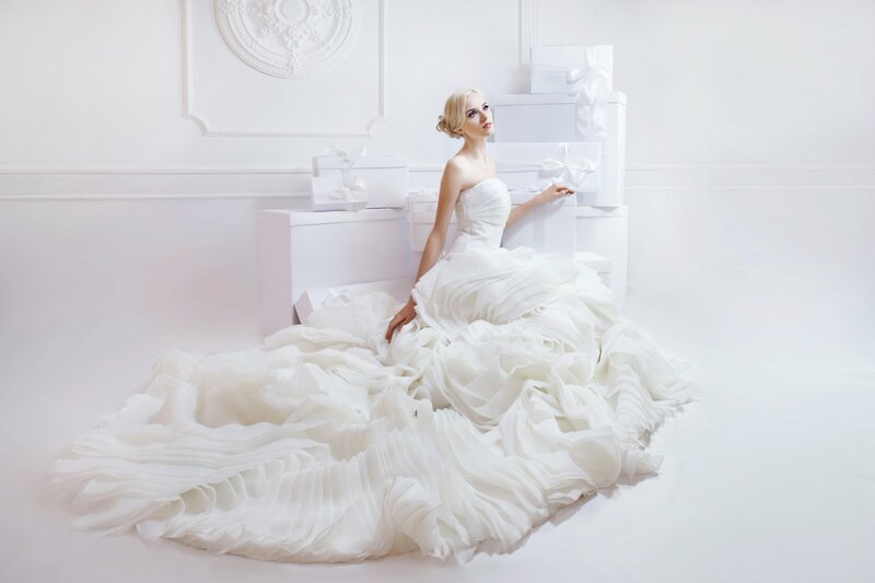 Woman in Wedding Dress — White, Serene, Photograph, Boxes