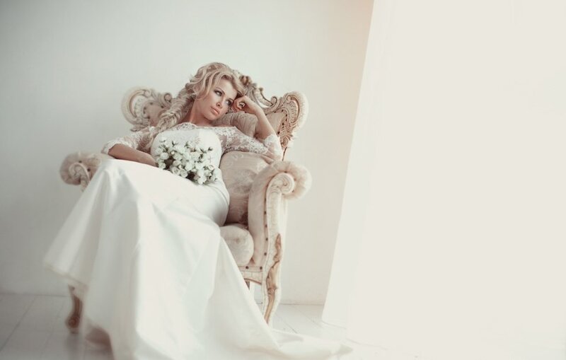 Woman in Wedding Dress — White, Serene, Photograph, Chair