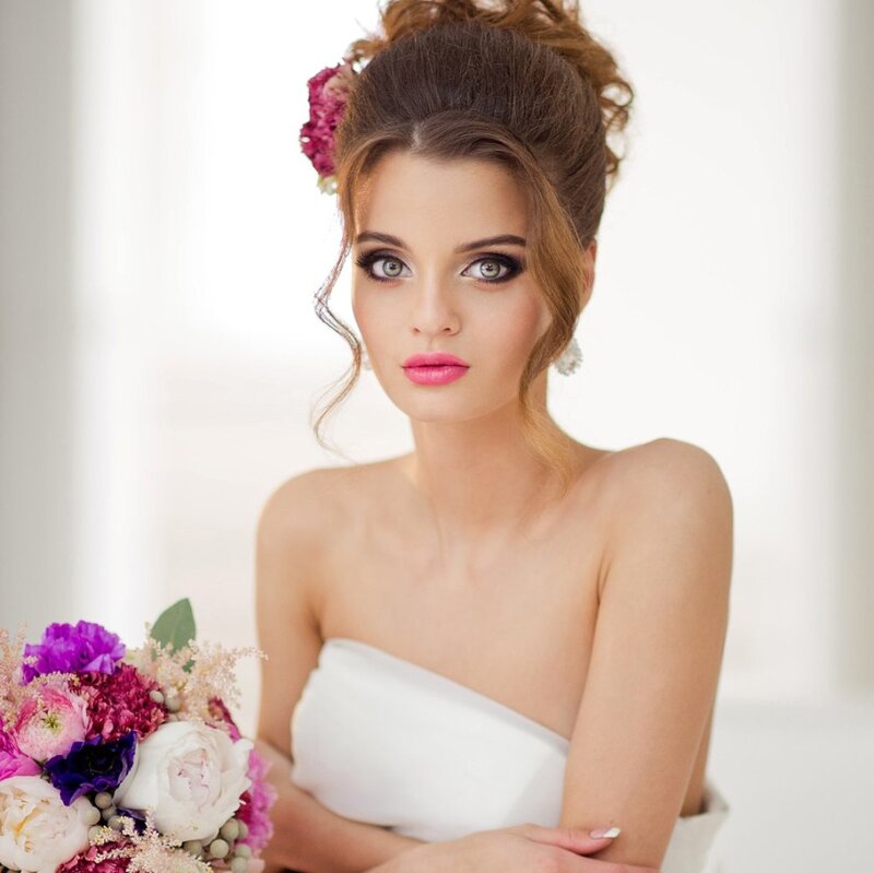 Woman in Wedding Dress — White, Serene, Photograph, Flower Bouquet, Makeup