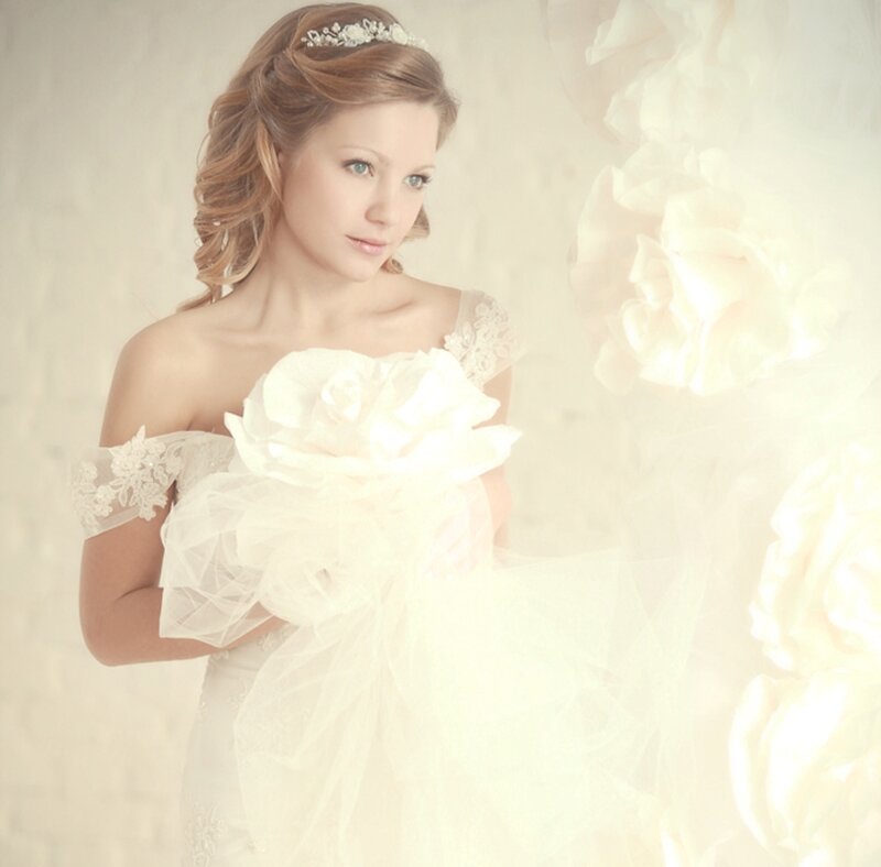 Woman in Wedding Dress — White, Serene, Photograph, Flower Bouquet, Tiara
