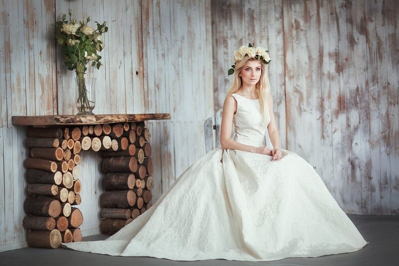 Woman in Wedding Dress — White, Serene, Photograph, Flower Crown, Wooden Logs