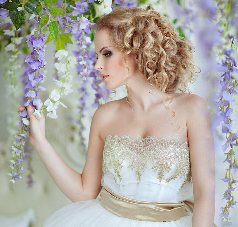 Woman in Wedding Dress — White, Serene, Photograph, Flowers, Curly Hair