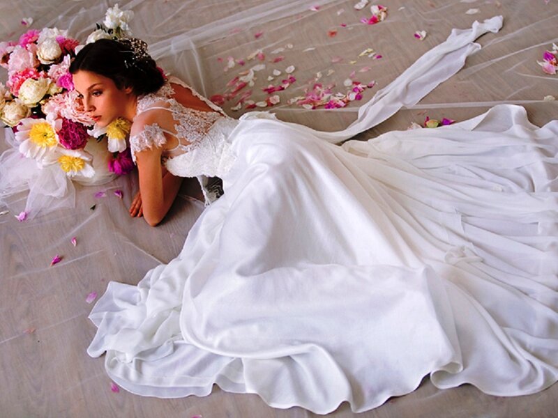 Woman in Wedding Dress — White, Serene, Photograph, Flowers, Flower Petals