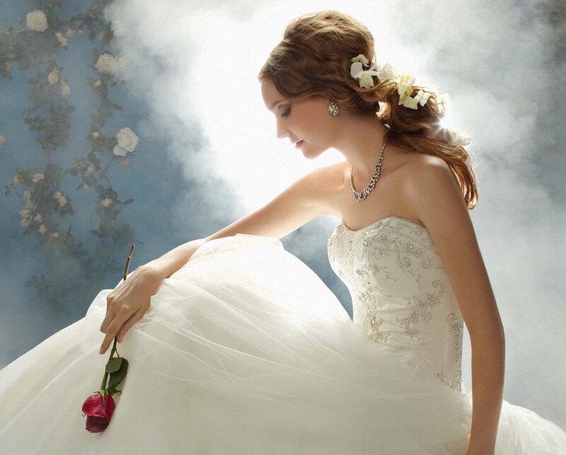 Woman in Wedding Dress — White, Serene, Photograph, Flowers, Necklace, Rose