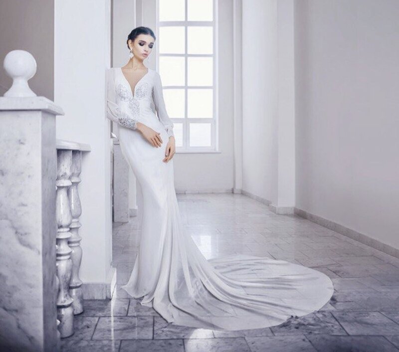 Woman in Wedding Dress — White, Serene, Photograph, Marble Railing