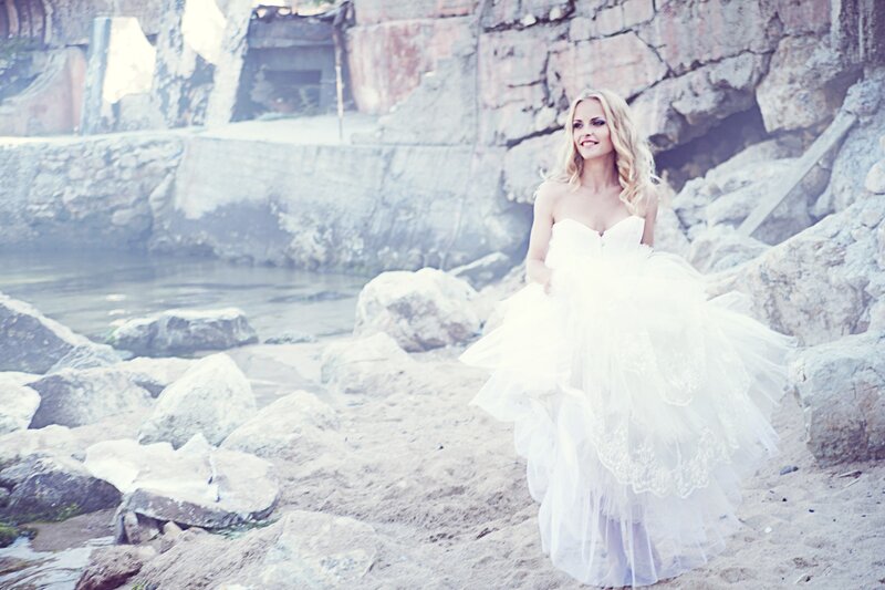 Woman in Wedding Dress — White, Serene, Photograph, Rocks, Water