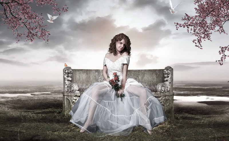 Woman in Wedding Dress — White, Serene, Spring, Digital Art, Bench