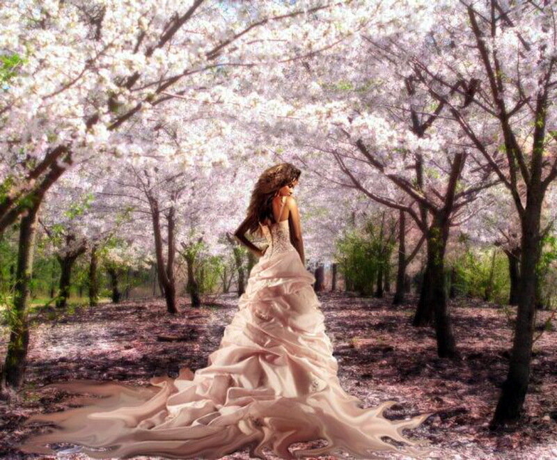 Woman in Wedding Dress — White, Serene, Spring, Digital Art