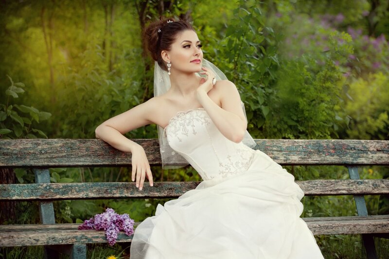 Woman in Wedding Dress — White, Serene, Spring, Photograph, Bench