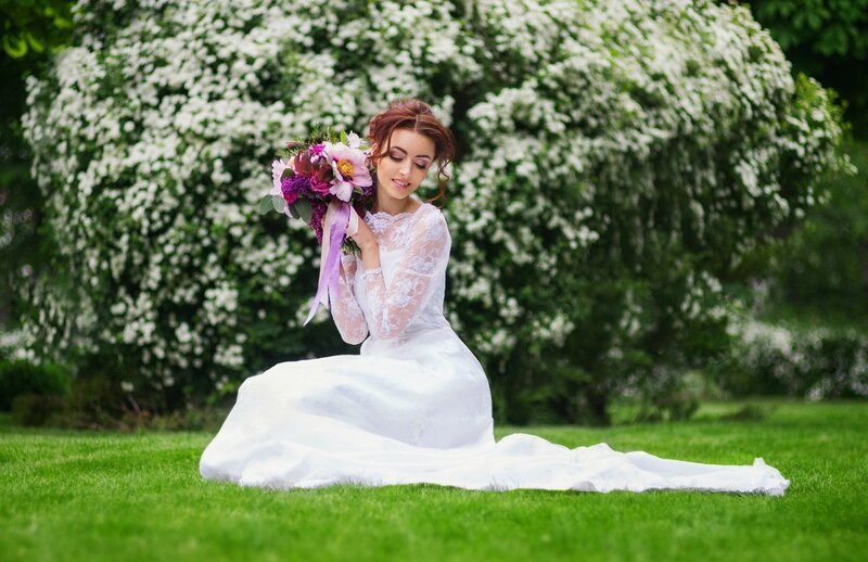 Woman in Wedding Dress — White, Serene, Spring, Photograph, Bouquet, Flowers
