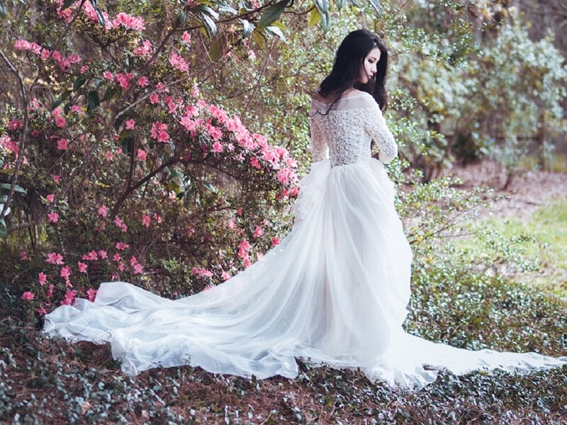Woman in Wedding Dress — White, Serene, Spring, Photograph, Flowers, Trees