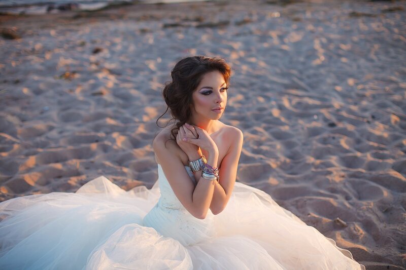 Woman in Wedding Dress — White, Serene, Sunset, Photograph, Beach