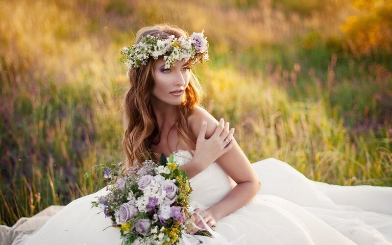 Woman in Wedding Dress — White, Serene, Sunset, Photograph, Flower Crown