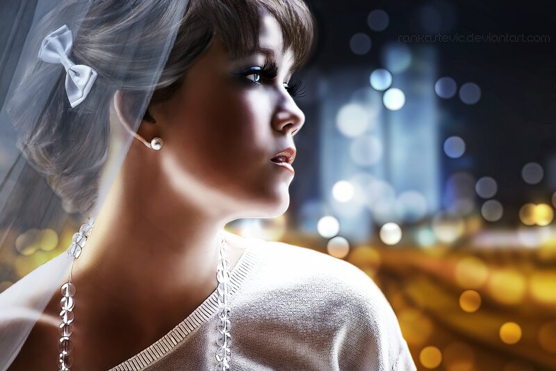 Woman in Wedding Veil — White, Dramatic, Night