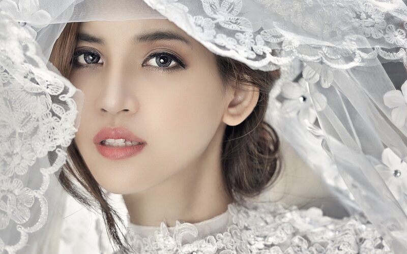 Woman in Wedding Veil — White, Serene, Photograph, Lace