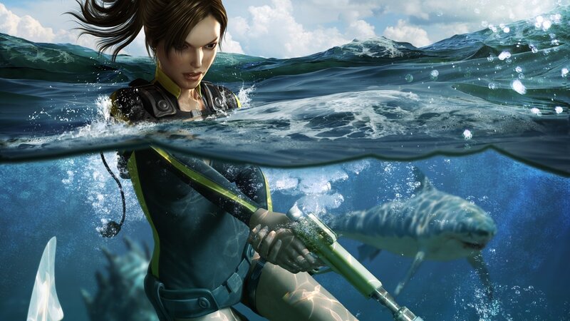 Woman in Wetsuit with Shark — Blue, Dramatic