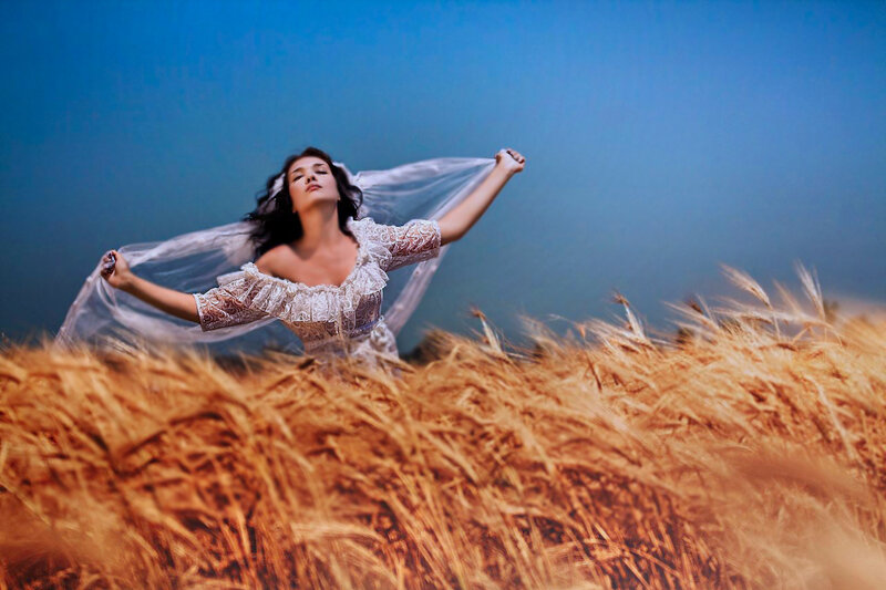 Woman in Wheat Field — Blue, Dramatic