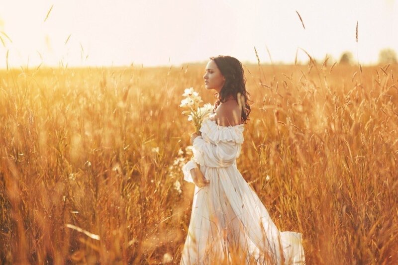 Woman in Wheat Field — Gold, Serene, Sunset, Photograph, Flowers