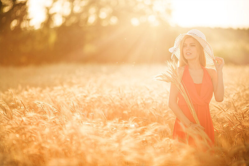 Woman in Wheat Field — Gold, Serene, Sunset, Photograph, Hat