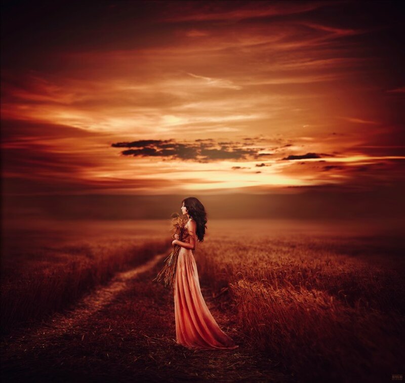 Woman in Wheat Field — Orange, Dramatic
