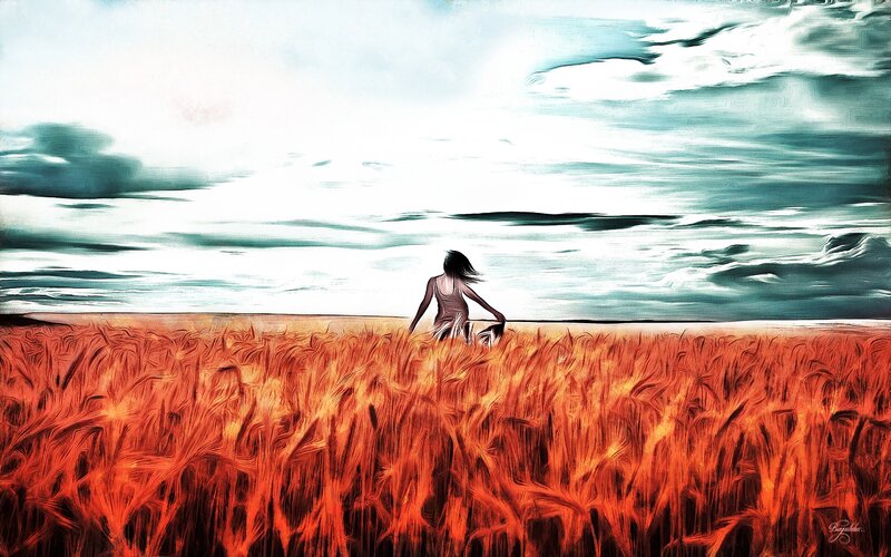 Woman in Wheat Field — Red, Dramatic
