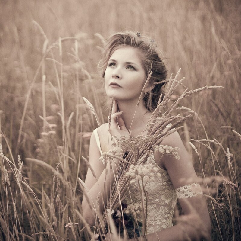 Woman in Wheat Field — Sepia, Serene, Afternoon