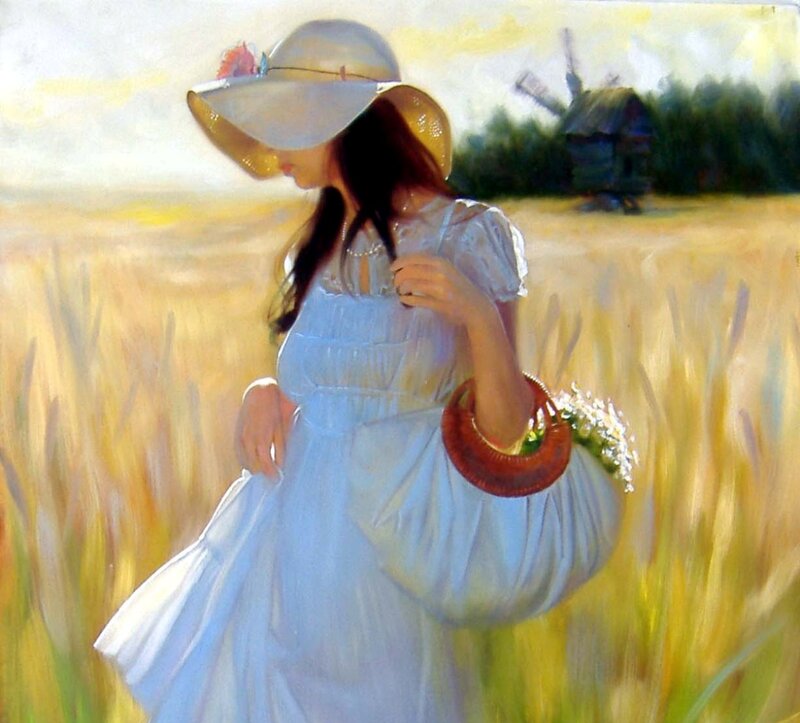 Woman in Wheat Field — White, Serene, Afternoon, Painting