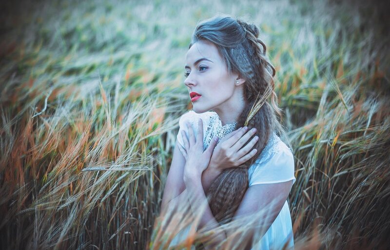 Woman in Wheat Field — White, Serene, Afternoon, Photograph