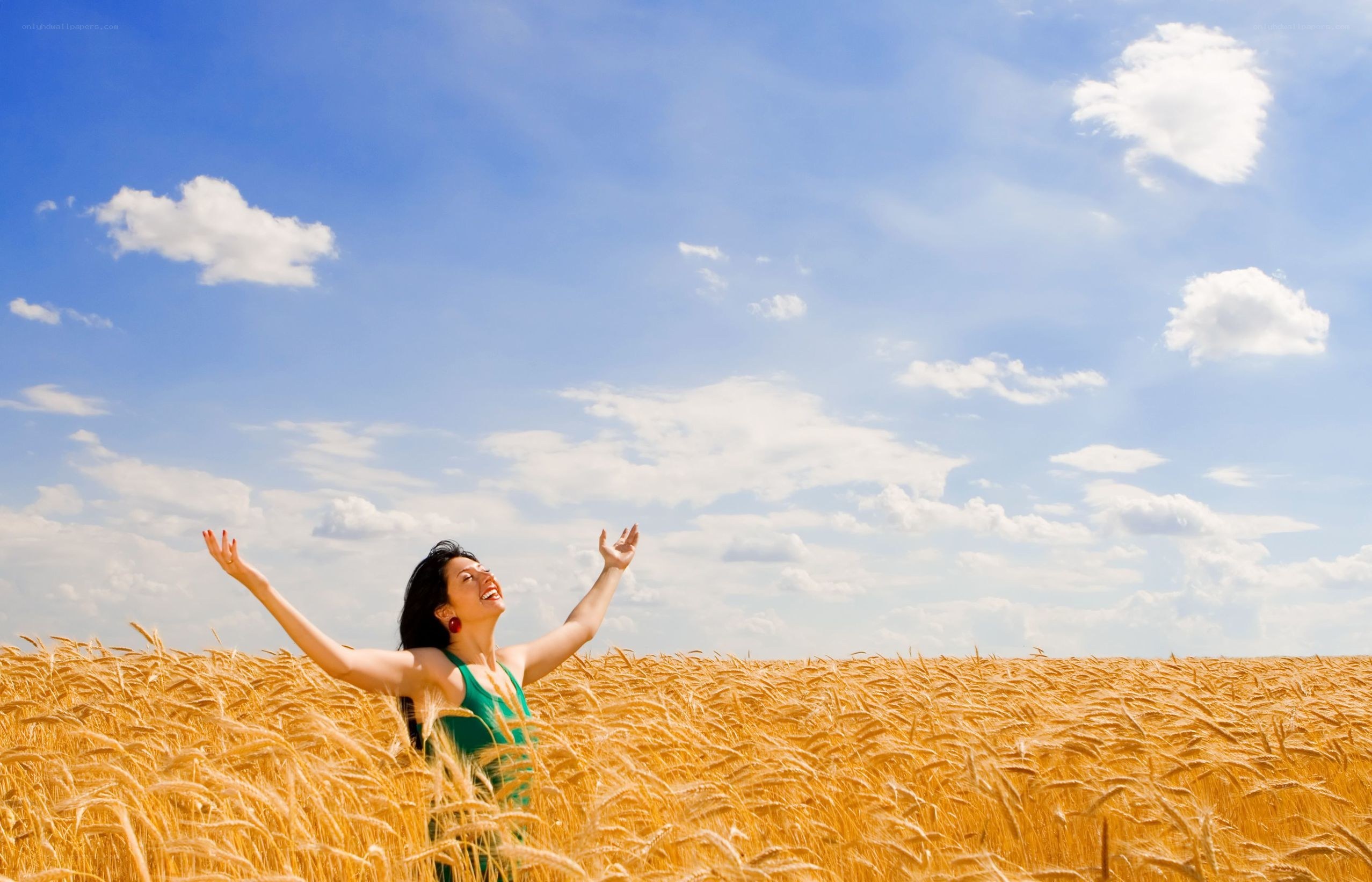 Woman in wheat field with arms raised